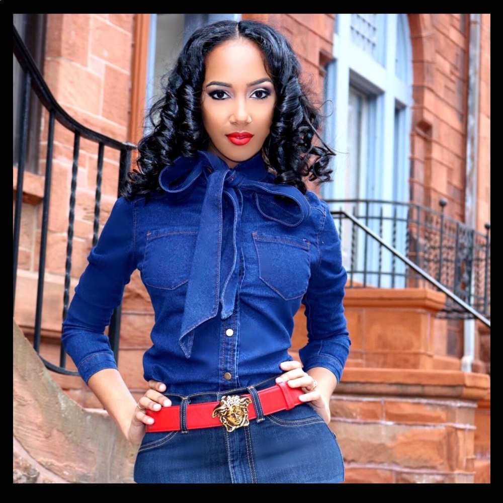 Denim Long Sleeve Top w Bow Tie Detail